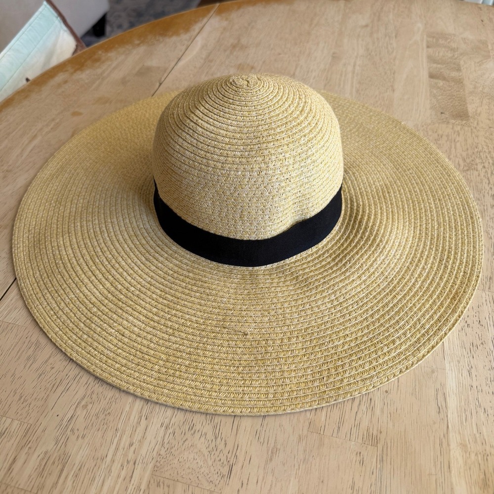 Woven Wide Brim Sun Hat Tan Straw Style with Black Ribbon Band RN17730